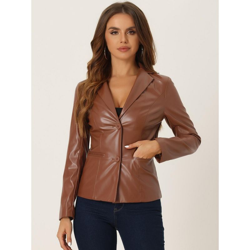 Allegra K Women's Notched Lapel Single-Breasted Faux Leather Blazer, 2 of 6