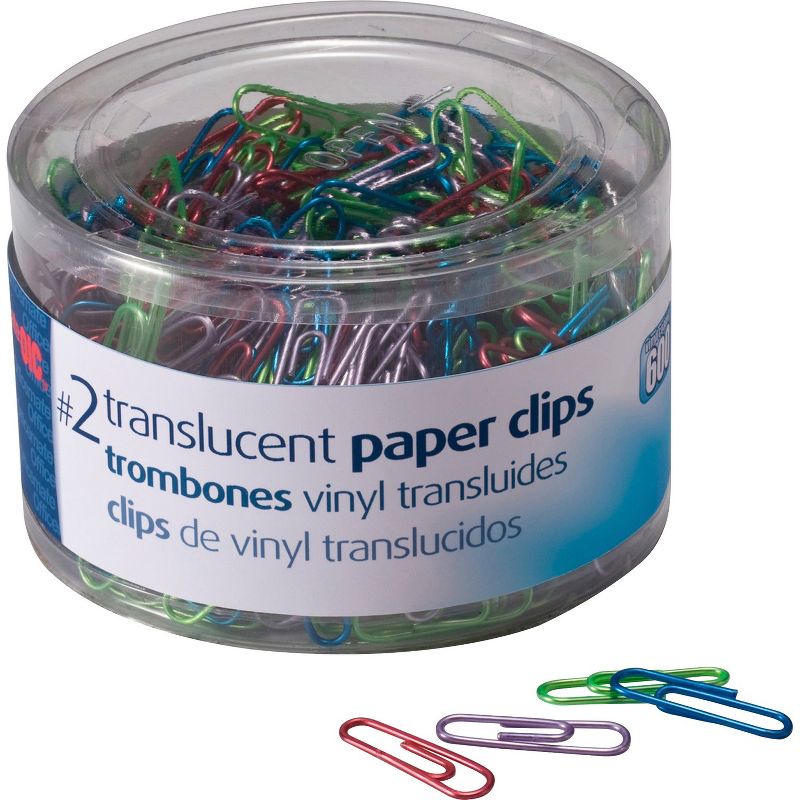 Officemate Translucent Paper Clips Vinyl Small 600/Tub BE/PE/GN/RD/SR 97211, 1 of 3