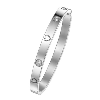 Silver Stainless Steel Heart - Accented Modern Unisex Closed Bangle