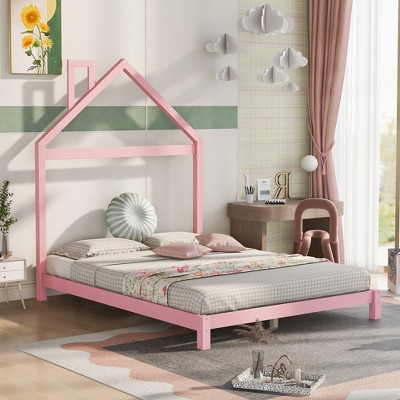 Full Size Wood Platform Bed With House-shaped Headboard, Pink ...