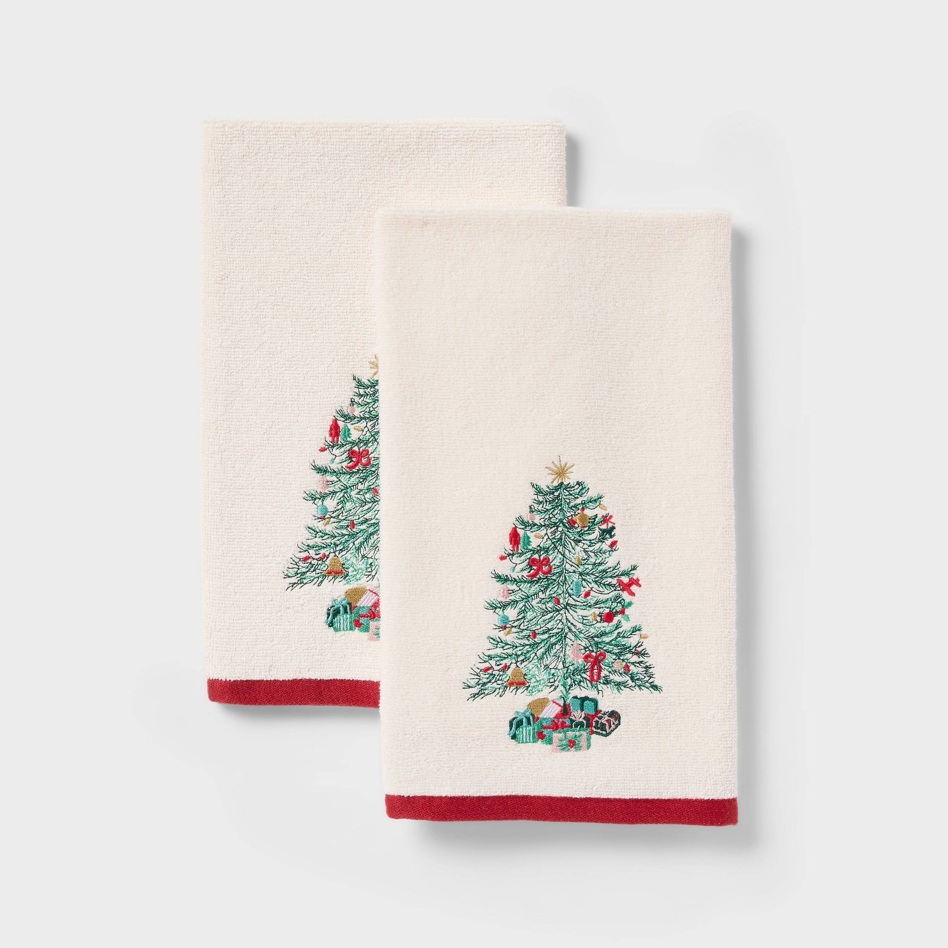 2pk Embroidered Tree Christmas Hand Towel Ivory - Threshold™
