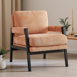 Chenille Mid-Century Accent Armchair with Removable Back Cushion and Solid Acacia Frame - 1 of 4