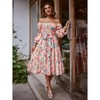 Women's Floral Midi Dress Square Neck Tie Waist Flared Long Sleeve Elegant Dresses - 3 of 4