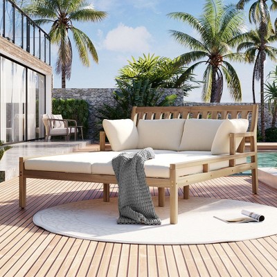 Chic Crate-Outdoor Teak Daybed Chaise Lounges – 4 Pillows & Curved Armrests | Patio & Garden Multi-Use | Light Teak & Beige Cushion