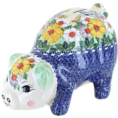 Blue Rose Polish Pottery Pastel Garden Large Piggy Bank