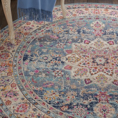 Vintage Kashan Round Blue Synthetic Persian-Inspired Rug, 6 ft