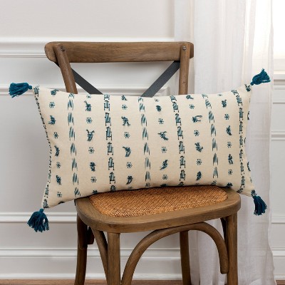 Beige and Blue Embroidered Lumbar Pillow with Tassels