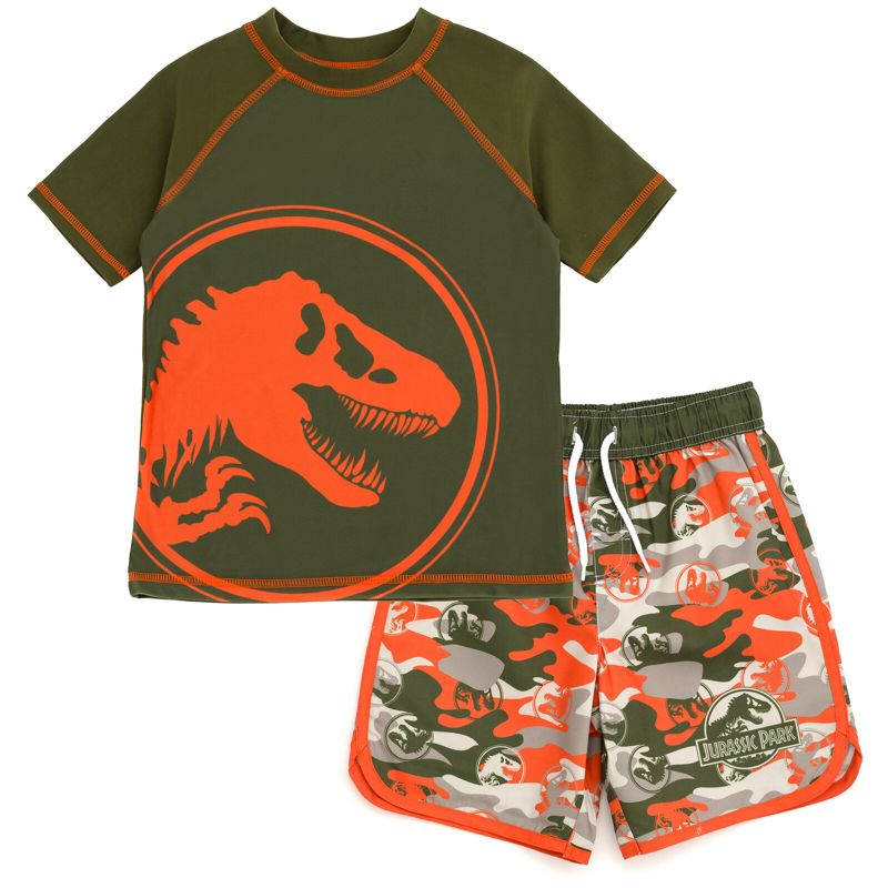 Jurassic Park T-Rex Toddler Boys UPF 50+ Rash Guard Twill Swim Trunks Outfit Set Logo Green 2T, 1 of 5