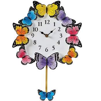 Collections Etc Hand-painted Colorful Butterfly Pendulum Wall Clock 11.25 X 11.25 X 16.5 White
