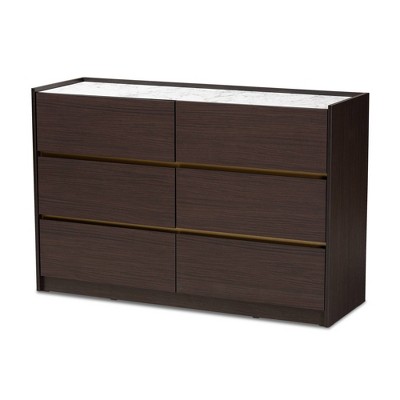 Walker Wood 6 Drawer Dresser with Faux Marble Top Dark Brown/Marble/Gold - Baxton Studio
