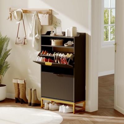 Narrow Shoe Cabinet Storage for Entryway, Modern Fluted Shoe Rack Organizer with 2 Flip Drawers and an Open Shelf