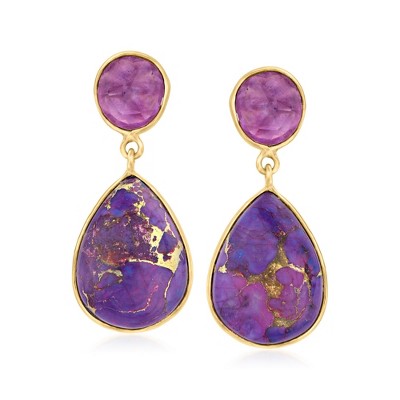 Ross-Simons Purple Turquoise and 4.00 ct. t.w. Amethyst Drop Earrings in 18kt Gold Over Sterling
