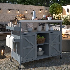 Outdoor Wood Kitchen Island with Steel Top, Bar Cart, Cabinet, Spice & Towel Racks - 1 of 4