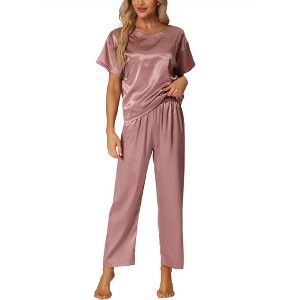 cheibear Women's Satin Summer Short Sleeves Sleepshirt with Pants Lounge Pajamas Sets - 1 of 4