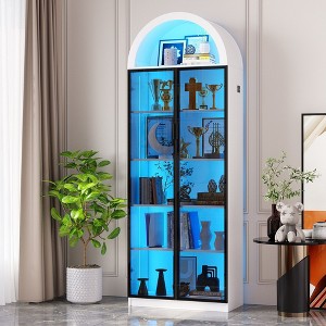 Fredees Arch Display Cabinet with Doors, 76" Tall 6-Tier Bookcase with Adjustable Shelves & 3-Color LED Lights for Collectibles and Office - 1 of 4