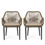 2pk Russel Outdoor Wicker Dining Chairs with Cushions Light Brown/Beige - Christopher Knight Home