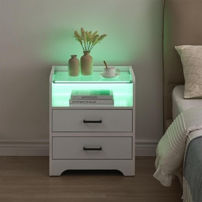 LED Night Stand with 2 Drawers - Smart End Side Table with Glass Top & LED Lights - Modern Bedside Table for Bedroom, Living Room & Dorm, White