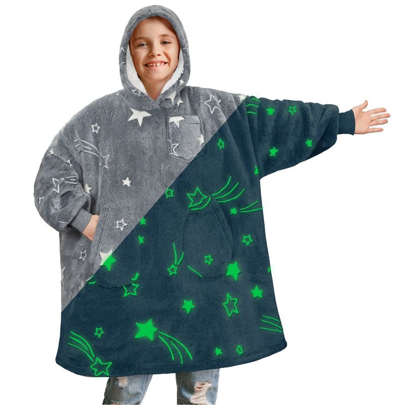 PAVILIA Wearable Blanket Sweatshirt for Kids Boy Girl, Warm Cozy Oversized Giant Hoodie, Fleece Faux Shearling Two Pocket, 1 of 8