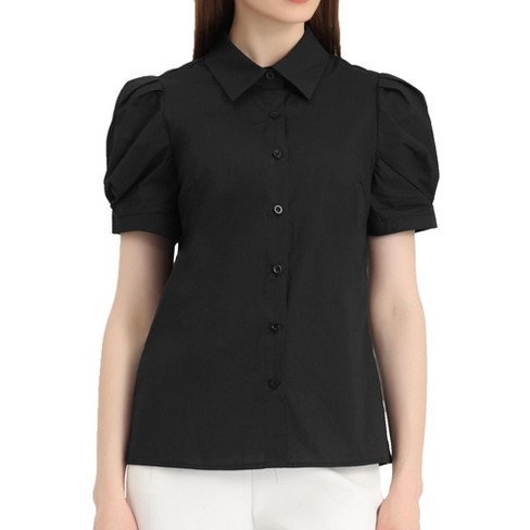 Allegra K Women's Puff Short Sleeve Turn Down Collared Work Office Button  Down Shirt Black X-Large