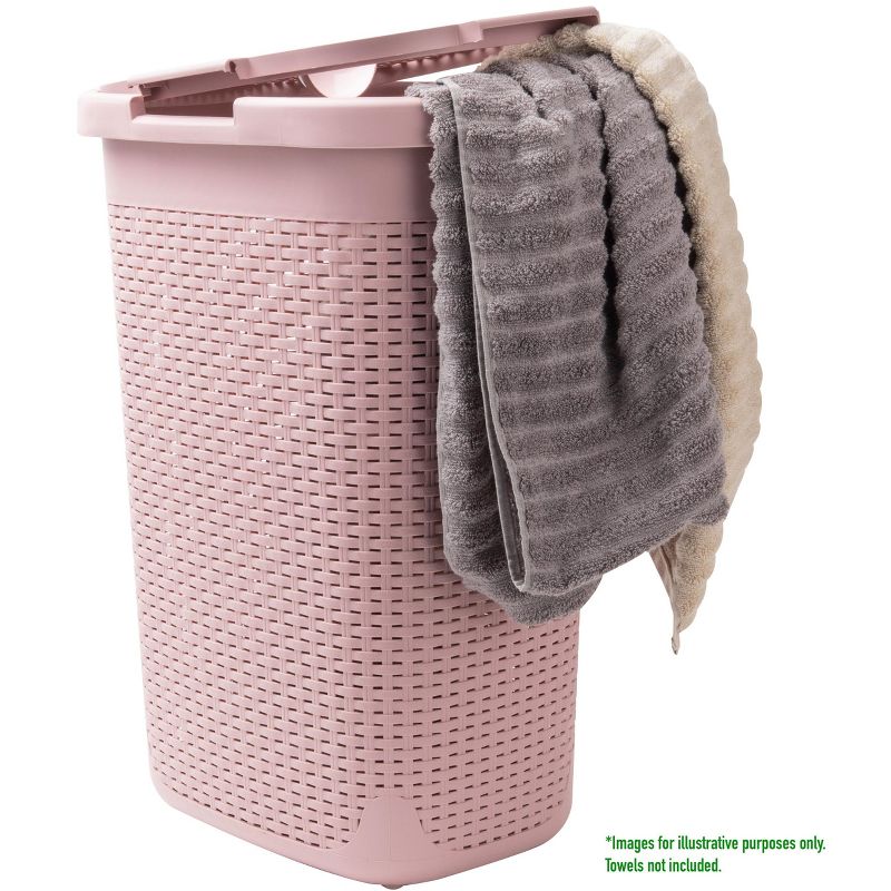 Mind Reader 60 Liter Hamper, Ventilated Clothes Basket with Carry Handles, Laundry Crate with Lid, Plastic Wicker, Pink, 5 of 15