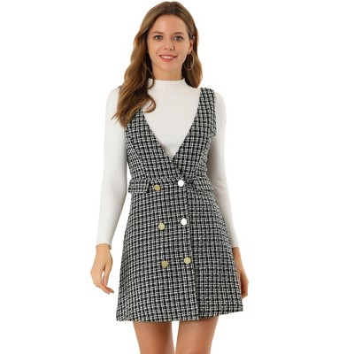 Allegra K Women's Elegant Vintage Button Front V Neck Plaid Tweed Overalls Pinafore Dress