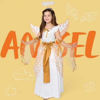 Joyfy Halloween Costume Elegant Guardian Angel Dress for Girls – Gold Foil Satin & Mesh Dress with Glow Effect, Halloween & Cosplay Party Outfit