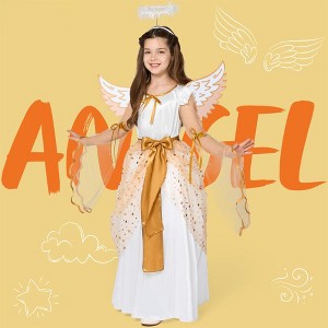 Joyfy Halloween Costume Elegant Guardian Angel Dress for Girls – Gold Foil Satin & Mesh Dress with Glow Effect, Halloween & Cosplay Party Outfit - 1 of 4