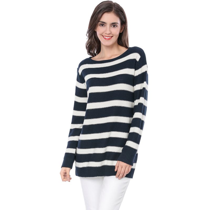Allegra K Women's Long Sleeves Drop Shoulder Loose Striped Sweater, 4 of 8