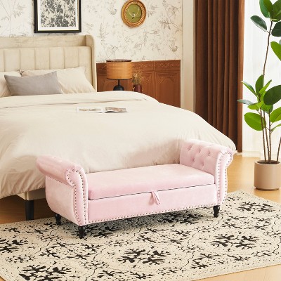 Okak Luxury Velvet Storage Ottoman Bench with Pillow Multifunctional Rectangular Storage Foot Rest Stool for Living Room,Entryway,Bedroom, Pink
