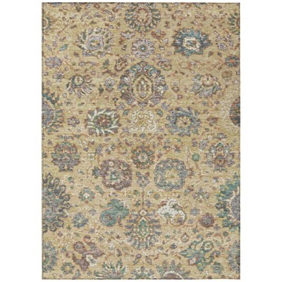 Gold Beige And Pale Aqua Floral Washable Indoor Outdoor Area Rug