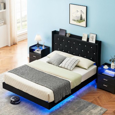homfan Bed Frame with LED Lights, Upholstered Bed Frame with Headboard and Storage