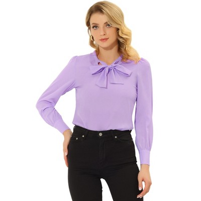 Allegra K Women's Bow Tie Neck Elegant Long Sleeve Solid Work Office Blouse  Lavender Large