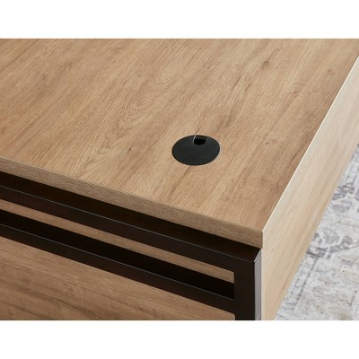 Mason Light Brown Wood Executive Desk with Hutch and Filing Cabinet