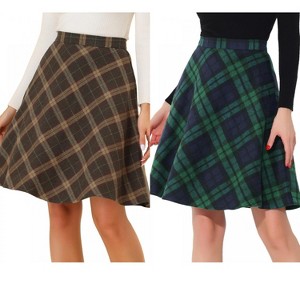 Allegra K Women's Christmas Plaid Vintage Tartan Elastic Waist Knee Length A-Line Skirt 2 Packs - 1 of 4
