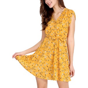Allegra K Women's Boho Crossover V Neck Petal Sleeves Belted Floral Flowy Dress - 1 of 4