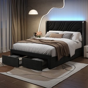Merax Modern Velvet Upholstered LED Bed Frame with Wingback Headboard & Storage Drawers - 1 of 4