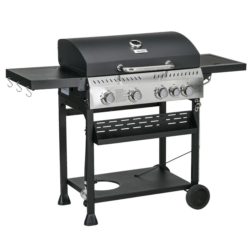 Outsunny 4 Burner Propane Gas Grill with Side Burner, 40,000 BTU Outdoor Barbeque with Shelves, Thermometer, Bottle Opener, Black, 1 of 7