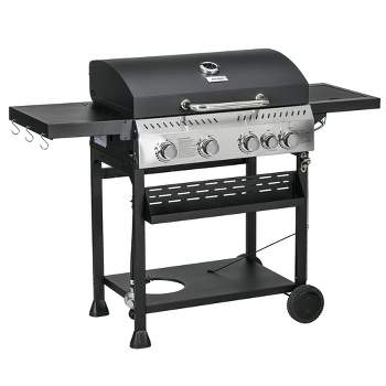 Outsunny 4 Burner Propane Gas Grill with Side Burner, 40,000 BTU Outdoor Barbeque with Shelves, Thermometer, Bottle Opener, Black
