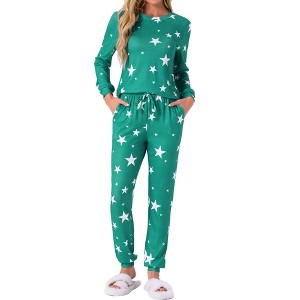 cheibear Women's Star Long Sleeve Printed Lounge Set Sweatshirt Jogger Pants 2 Pcs Pajama Sets - 1 of 4