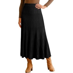 Women's Wool Blend A-Line Long Skirt with Wide Elastic Waistband & Flow Pleats Black - 1 of 4