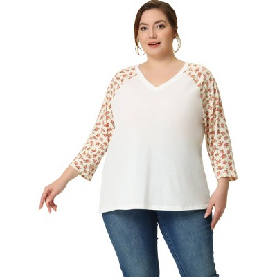 Agnes Orinda Women's Plus Size Top Raglan Floral Print V Neck 3/4 Sleeve Peasant Blouse