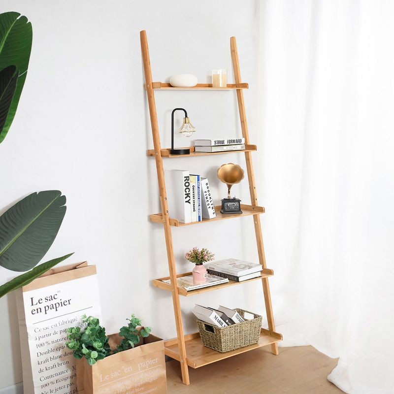 Costway 5-Tier Ladder Shelf Bamboo Bookshelf Wall-Leaning Storage Display Plant Stand, 2 of 11