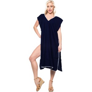 HAPPY BAY Women's Summer Vacation Beachwear Long Bathing Suit Short Front Tie Swimsuit Cover Ups X-Large-XX-Large Blue Solid - 1 of 4