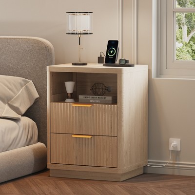 Fluted Farmhouse Night Stand, Fluted Nightstand with Charging Station, FlutedNightstand Bedroom with Drawers, Modern Mid Century Bedside Table