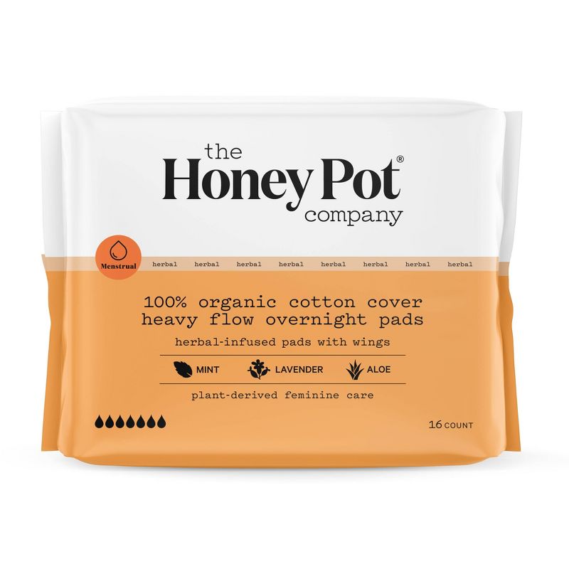 The Honey Pot Company, Herbal Overnight Heavy Flow Pads with Wings, Organic Cotton Cover - 16ct, 1 of 14