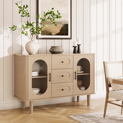 47" Sideboard Buffet Cabinet with Fluted Glass Doors & 3 Drawers, Mid-Century Credenza with Adjustable Shelves for Kitchen, Dining Room