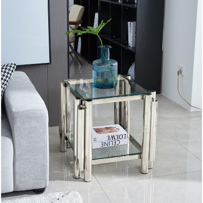 NicBex Modern Double-Layer Clear Tempered Glass Coffee Table with Stainless Steel Legs,Storage Center Table for Living Room
