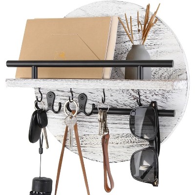 Key Holder for Wall Decorative with Shelf and Hooks, Wood Round Wall Mount with Holder,  Entryway Key Rack Hanger, Brow