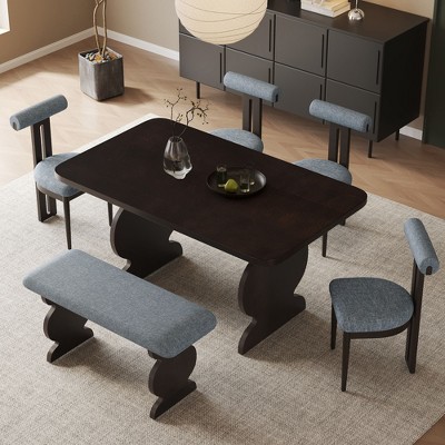 CAVINAS Dining Table Set for 6 Kitchen Table Mid-Century Modern Table Set with 4 Chairs and Bench Padded Seats and Backrest for Dining Room