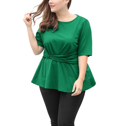 Agnes Orinda Women's Plus Size Twisted Knot Waist Short Sleeves Summer  Peplum Blouses Dark Green 3x : Target